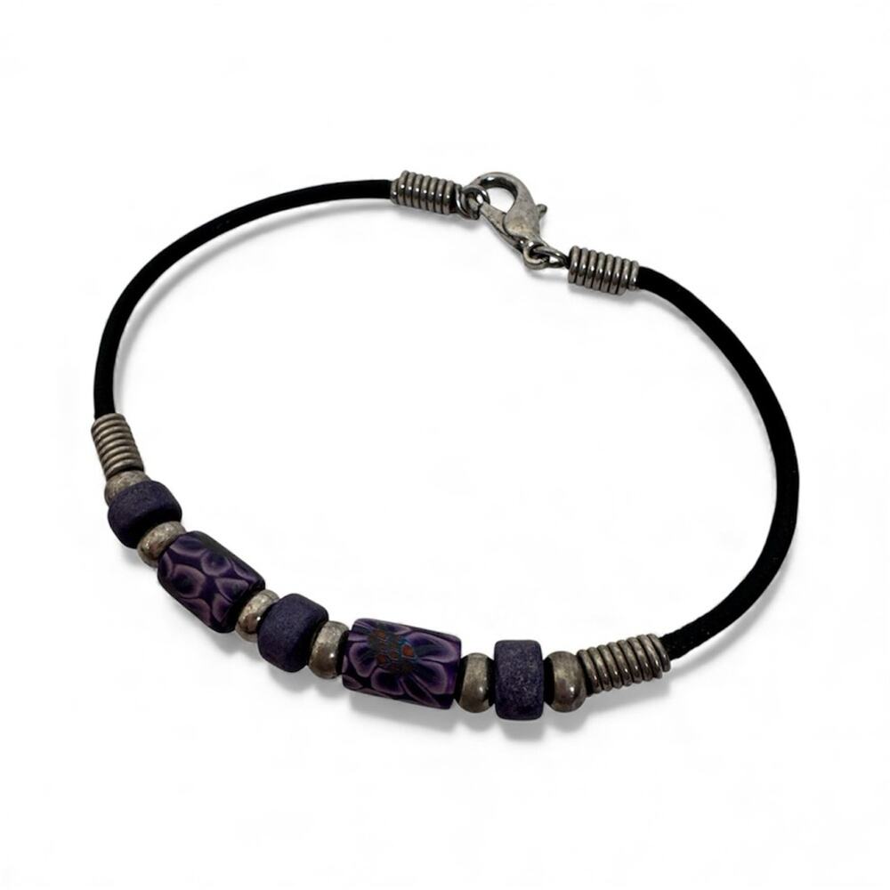Vintage 90s Purple Millefiori Bead Bracelet Black Leather Silver Tone